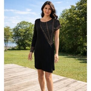 Justcavalli Knee Dress Sz S Solid Black  Assymetrical Gold Metalics Dots